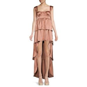 WEWOREWHAT Satin Corset High Low Dress in Tan Size 2 Sweetheart Neck Tiered